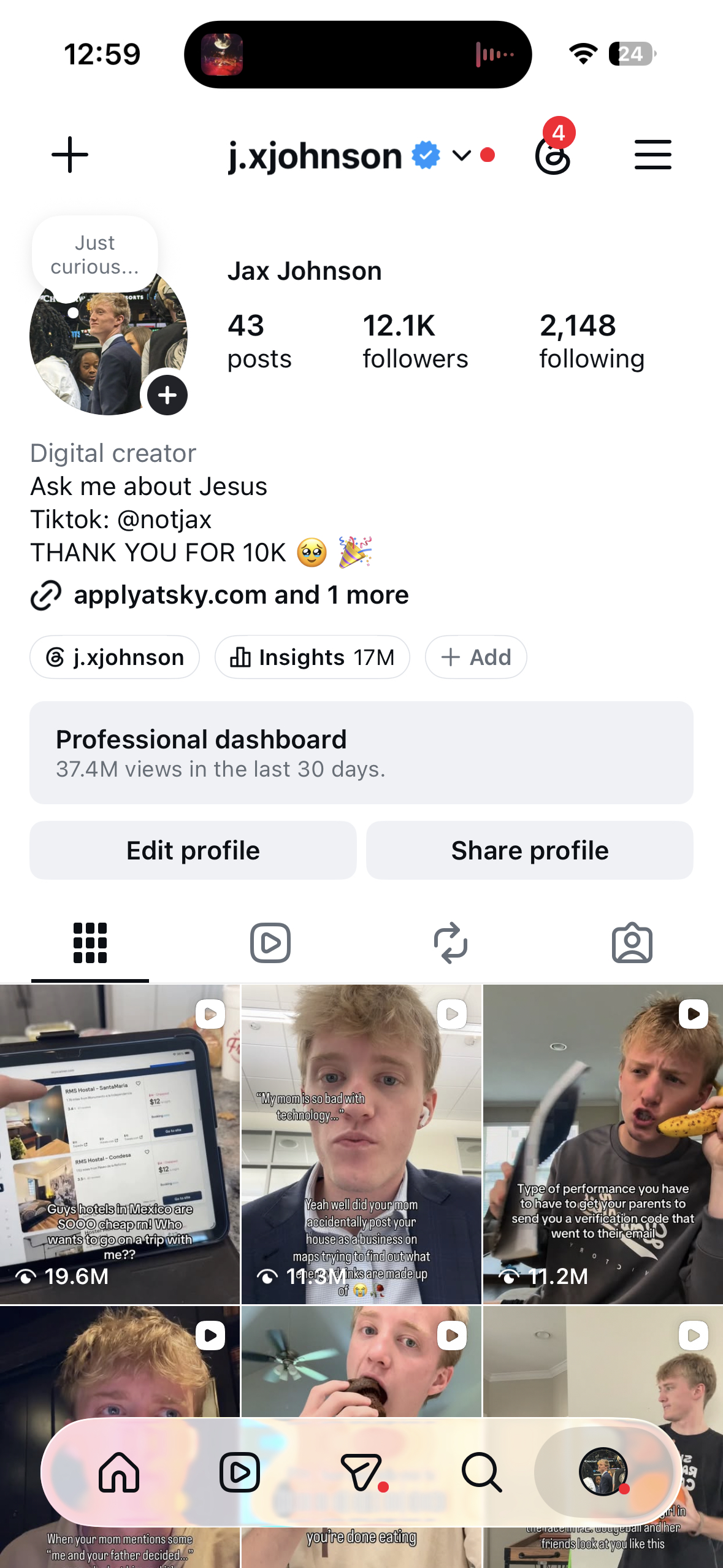 Instagram profile @j.xjohnson, 12.1K followers